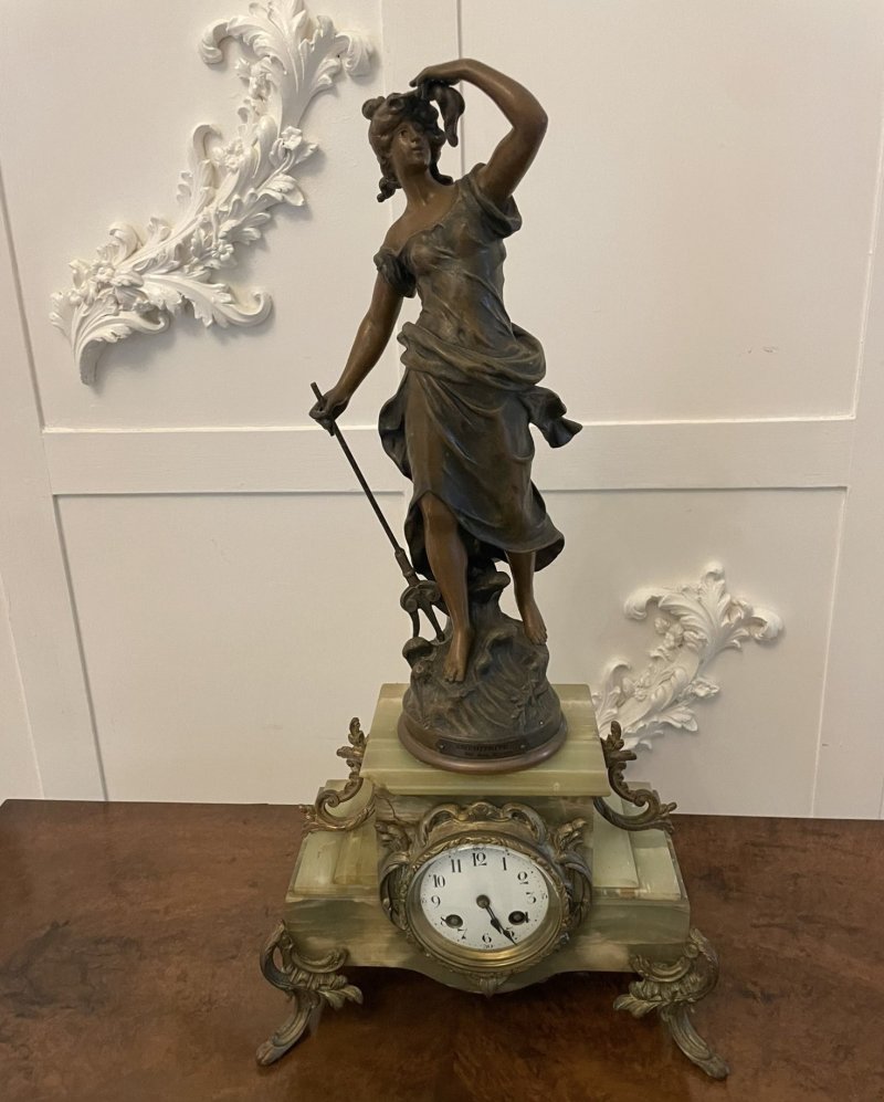 Antique French Onyx and Spelter Clock depicting Amphitrite after Auguste Moreau